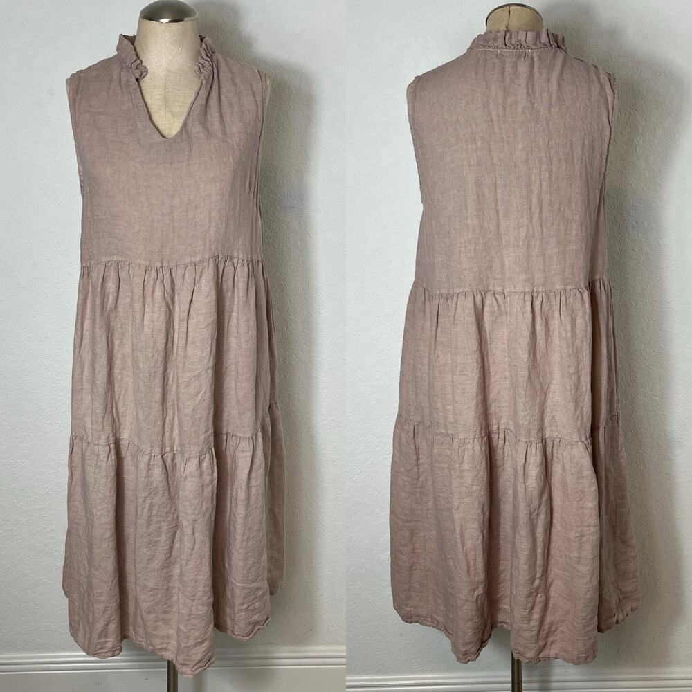 Le Ragazze Sleeveless A-Line Linen Dress, size M, tiered, ruffle collar v-neck